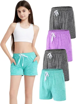 4 Pack Girls Athletic Shorts Dry-Fit Basketball Shorts with Pockets,Girls Running Shorts for Kids Gym Soccer