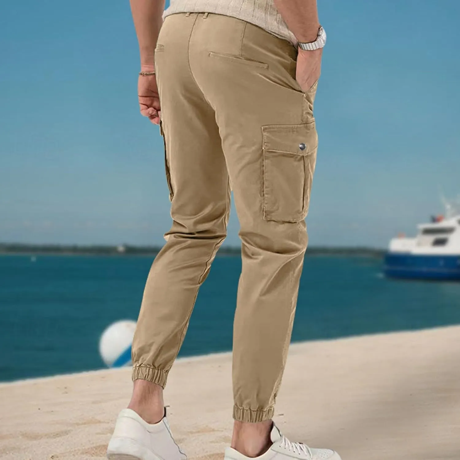 ADHOWBEW Mens Pants Casual Elastic Waist Outdoor Work Cargo Pockets Relaxed Fit Pants