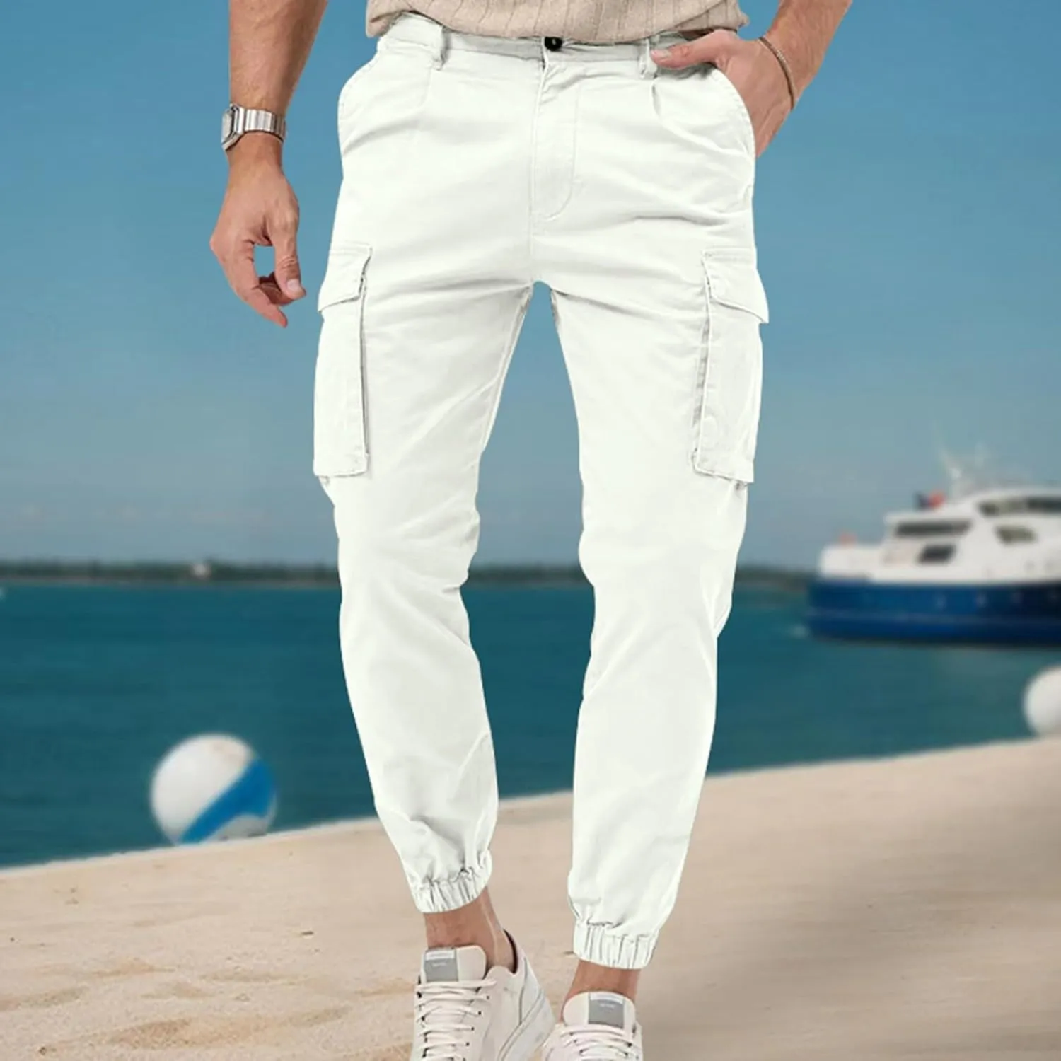 ADHOWBEW Mens Pants Casual Elastic Waist Outdoor Work Cargo Pockets Relaxed Fit Pants