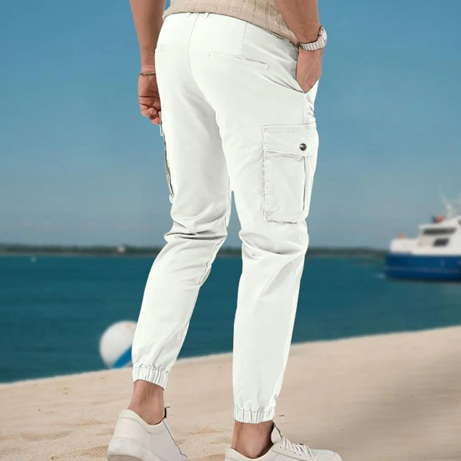 ADHOWBEW Mens Pants Casual Elastic Waist Outdoor Work Cargo Pockets Relaxed Fit Pants