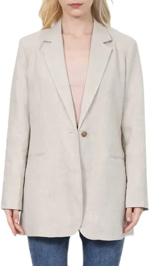 Amazhiyu Womens Linen Blend Notched Buttoned Blazer Jackets Long Sleeve Casual Office Coat