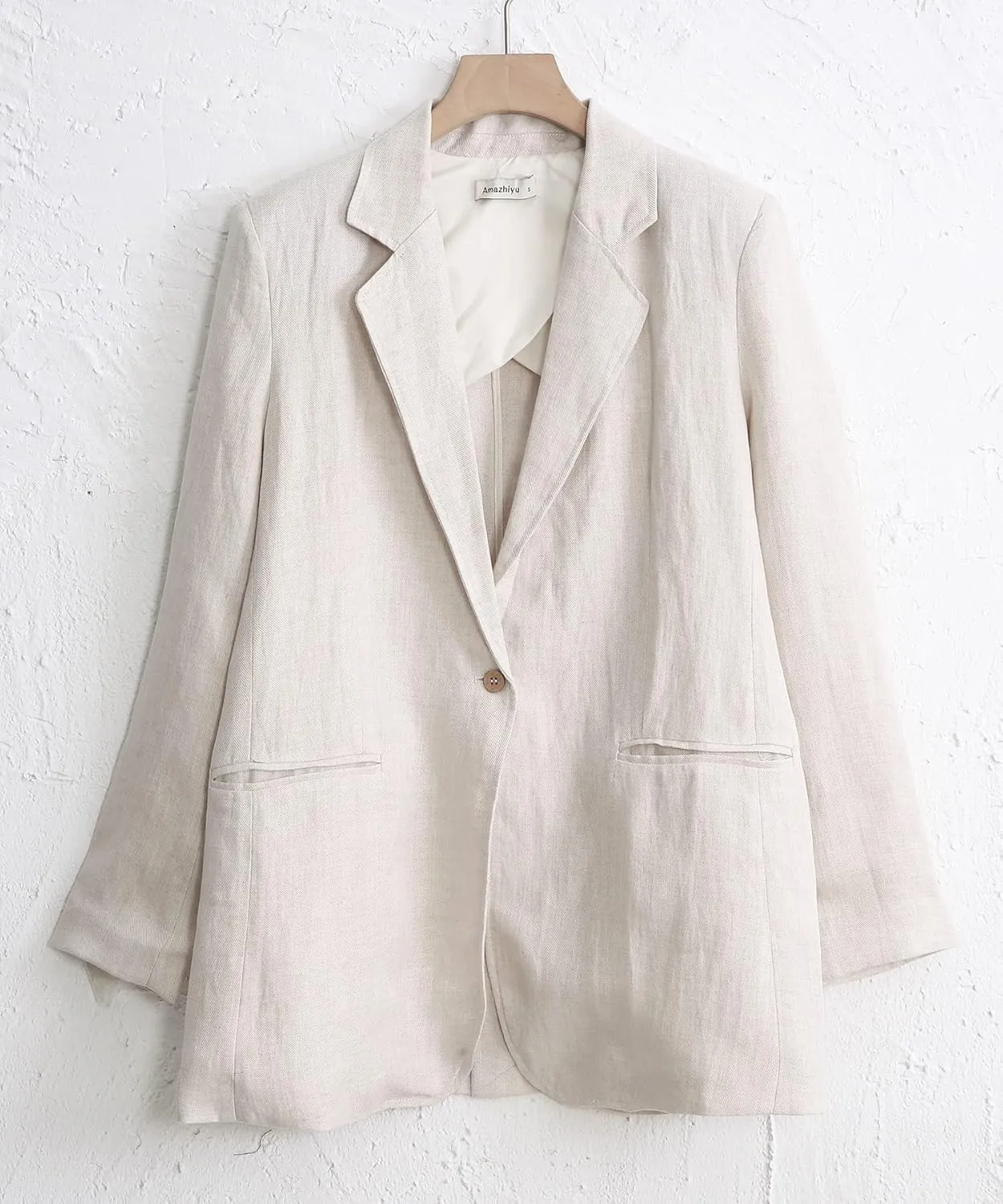 Amazhiyu Womens Linen Blend Notched Buttoned Blazer Jackets Long Sleeve Casual Office Coat