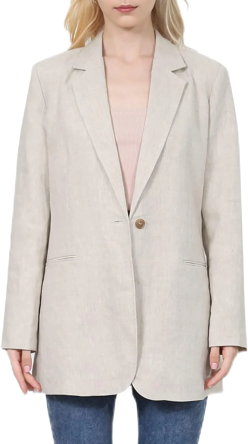 Amazhiyu Womens Linen Blend Notched Buttoned Blazer Jackets Long Sleeve Casual Office Coat
