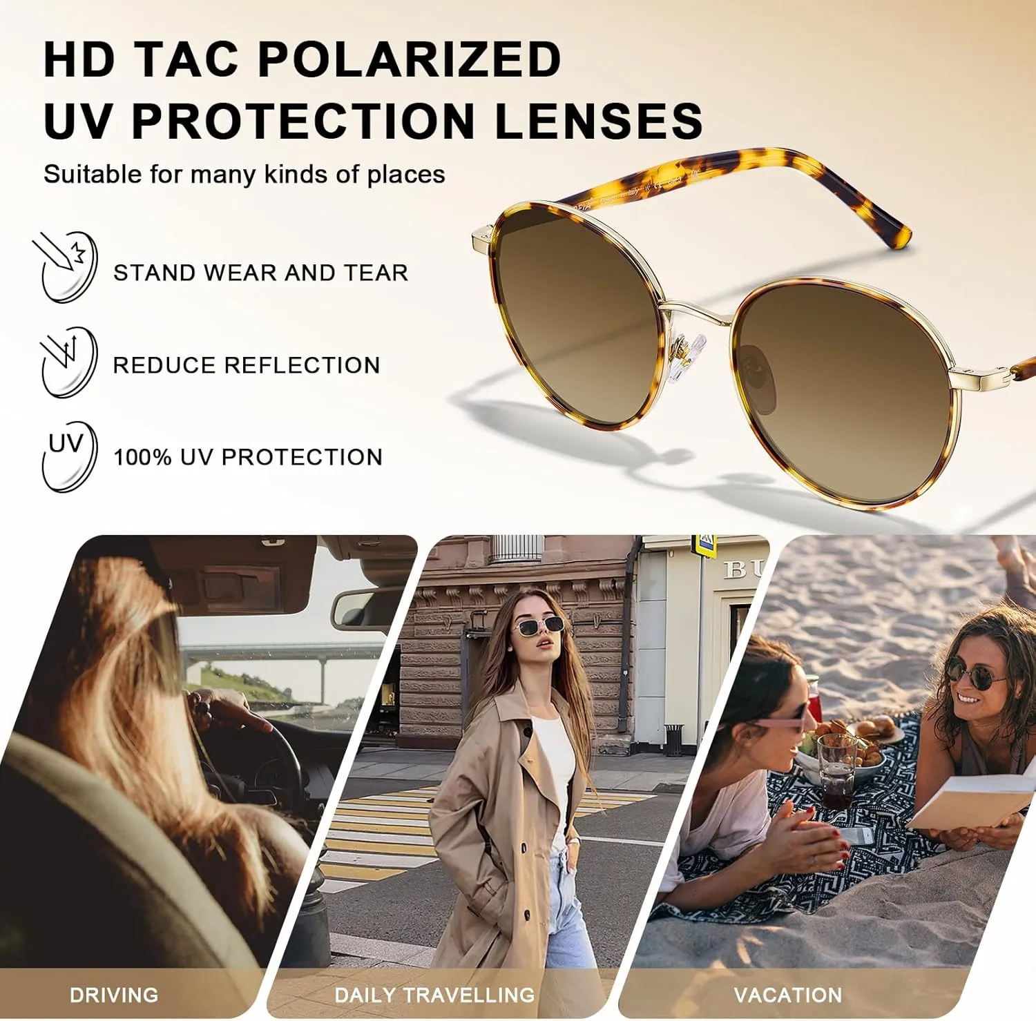 CARFIA Metal Acetate Polarized Sunglasses for Women UV400 Protection, Retro Small Round Anti-Glare Glasses Driving Shades
