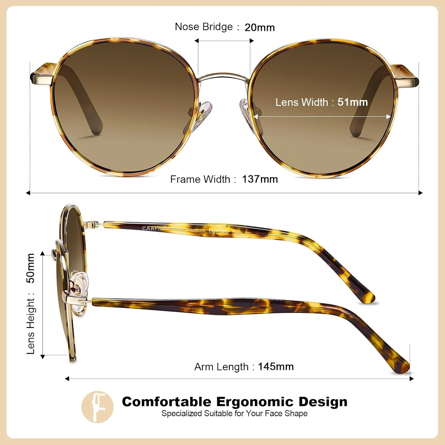 CARFIA Metal Acetate Polarized Sunglasses for Women UV400 Protection, Retro Small Round Anti-Glare Glasses Driving Shades