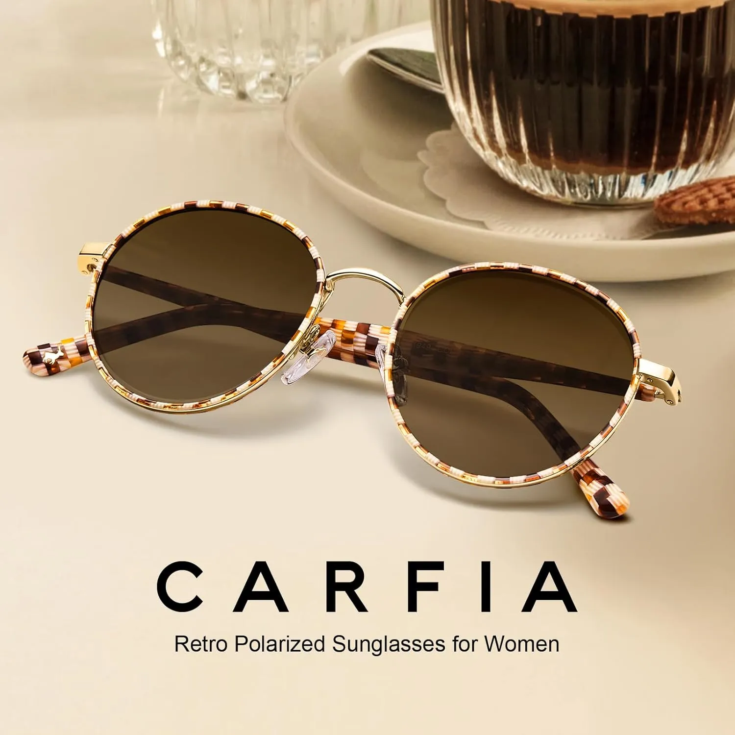 CARFIA Metal Acetate Polarized Sunglasses for Women UV400 Protection, Retro Small Round Anti-Glare Glasses Driving Shades