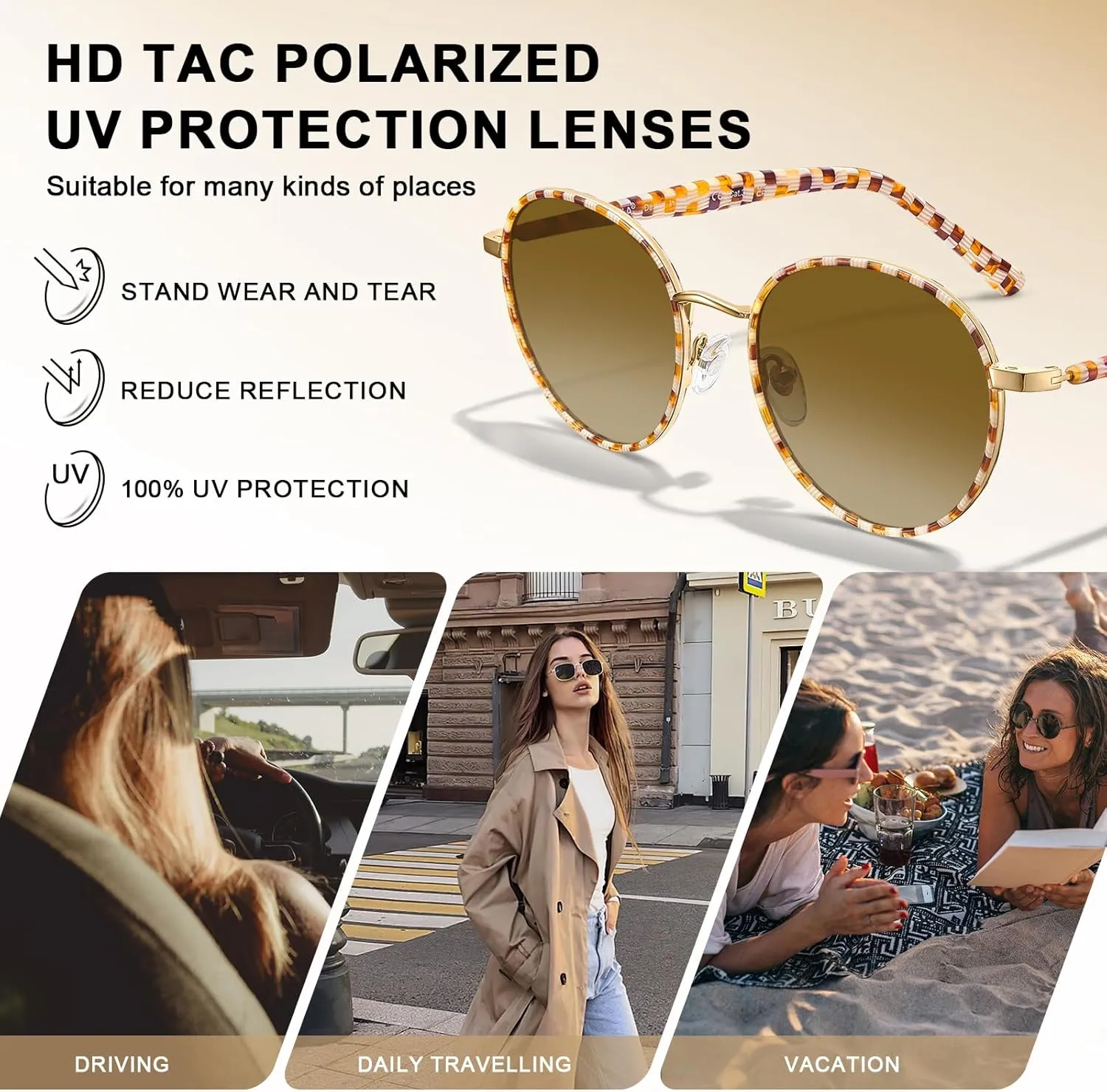 CARFIA Metal Acetate Polarized Sunglasses for Women UV400 Protection, Retro Small Round Anti-Glare Glasses Driving Shades