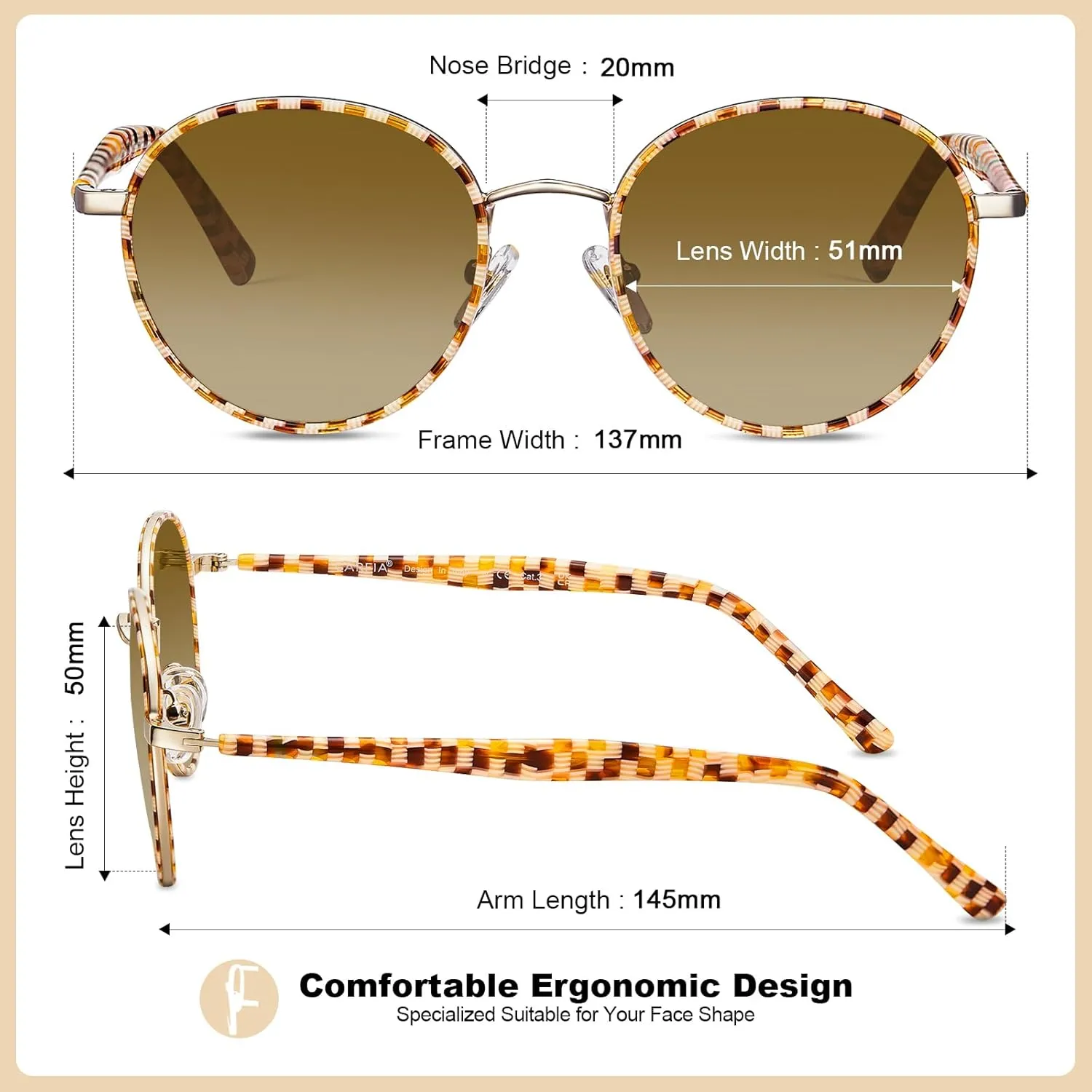 CARFIA Metal Acetate Polarized Sunglasses for Women UV400 Protection, Retro Small Round Anti-Glare Glasses Driving Shades