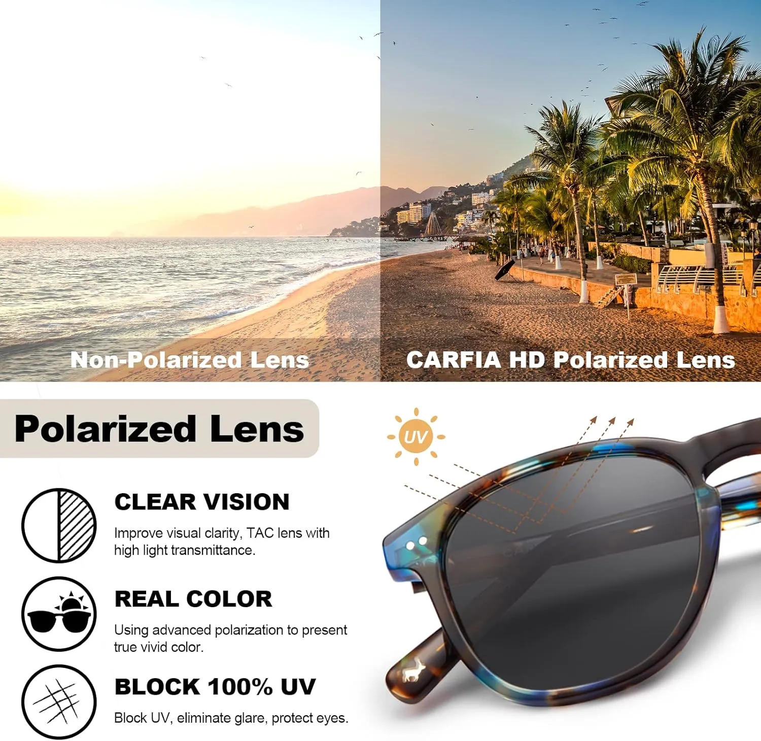 CARFIA Retro Polarized Sunglasses for Women Small and Medium Face UV Protection, Handcrafted Acetate Frame Sunnies CA5285