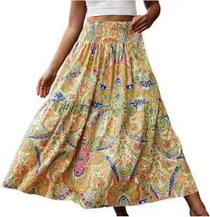 Casual Skirts for Women Summer Vacation Bohemian Aztec Print Pleated High Waist Elastic 2025 Beach Boha Maxi Skirts