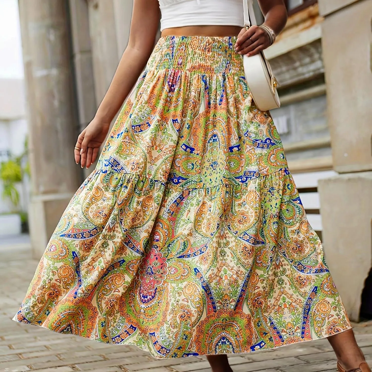Casual Skirts for Women Summer Vacation Bohemian Aztec Print Pleated High Waist Elastic 2025 Beach Boha Maxi Skirts