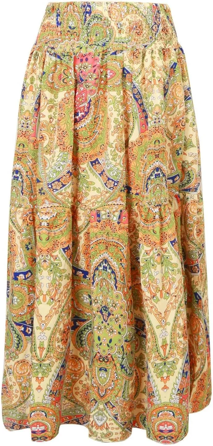 Casual Skirts for Women Summer Vacation Bohemian Aztec Print Pleated High Waist Elastic 2025 Beach Boha Maxi Skirts