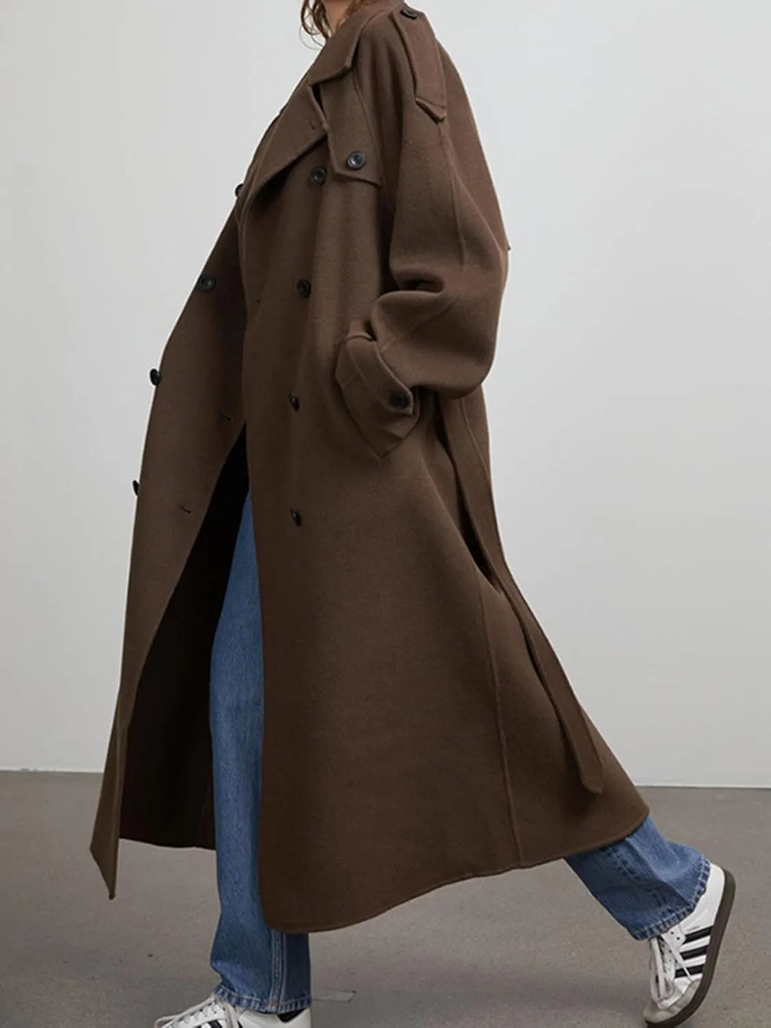 CHARTOU Women Vintage Double-Breasted Wool Coat Notch Lapel Tweed Long Trench Coat Windproof Belted Overcoat