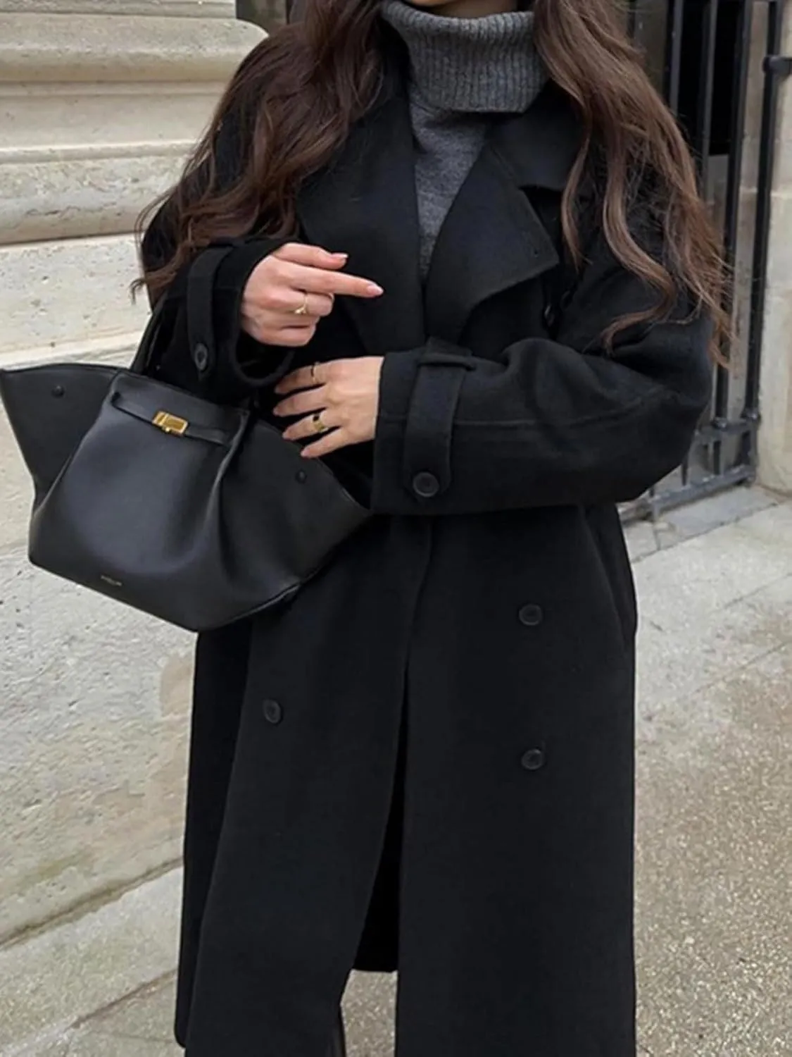 CHARTOU Women Vintage Double-Breasted Wool Coat Notch Lapel Tweed Long Trench Coat Windproof Belted Overcoat