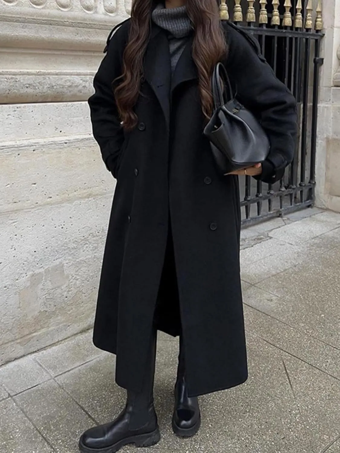 CHARTOU Women Vintage Double-Breasted Wool Coat Notch Lapel Tweed Long Trench Coat Windproof Belted Overcoat