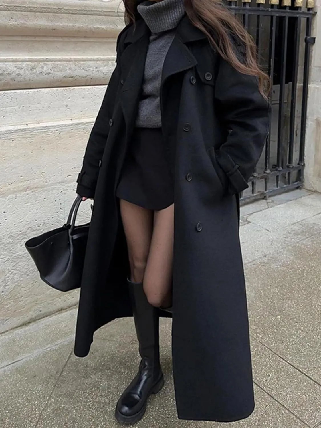CHARTOU Women Vintage Double-Breasted Wool Coat Notch Lapel Tweed Long Trench Coat Windproof Belted Overcoat