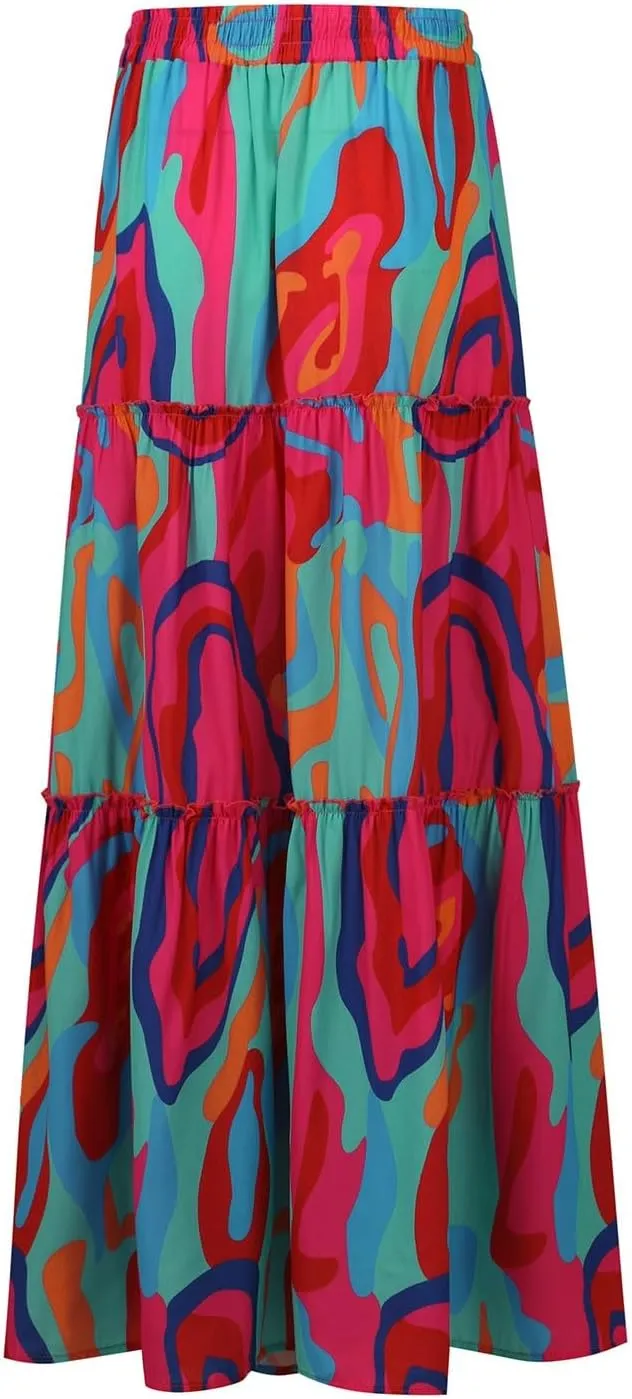 Chiffon Skirts for Women Smocked Business Floral Festival Pleated Beach Trendy Vacation Swing Country Flutter Skirts