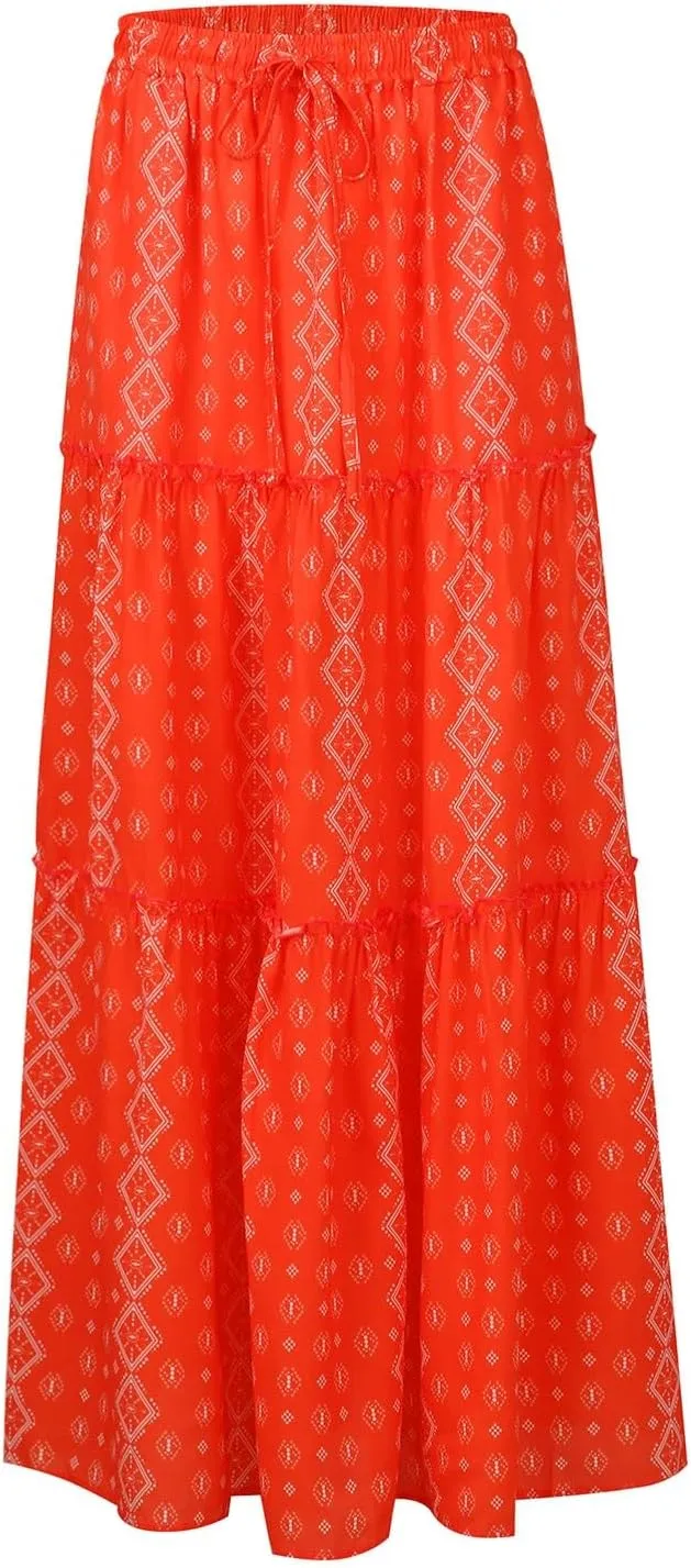 Chiffon Skirts for Women Smocked Business Floral Festival Pleated Beach Trendy Vacation Swing Country Flutter Skirts