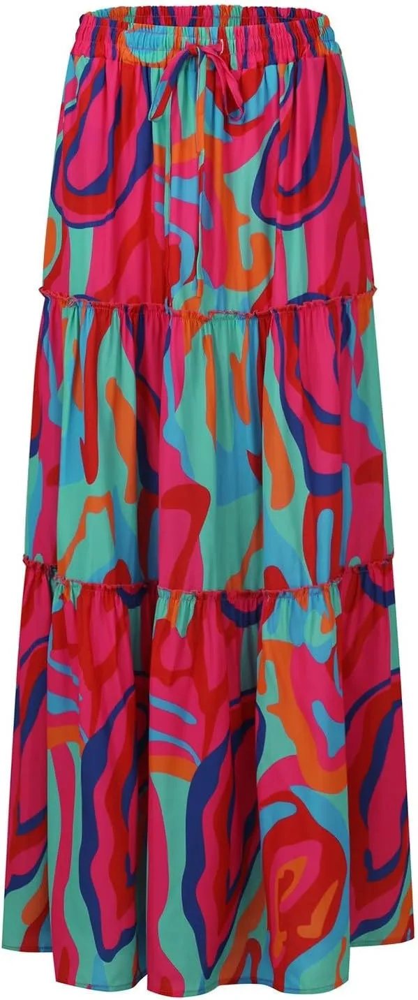 Chiffon Skirts for Women Smocked Business Floral Festival Pleated Beach Trendy Vacation Swing Country Flutter Skirts