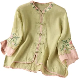 Chinese Women's Summer Retro Stitching Embroidery Lapel Buttoned Three-Quarter Sleeve Shirt