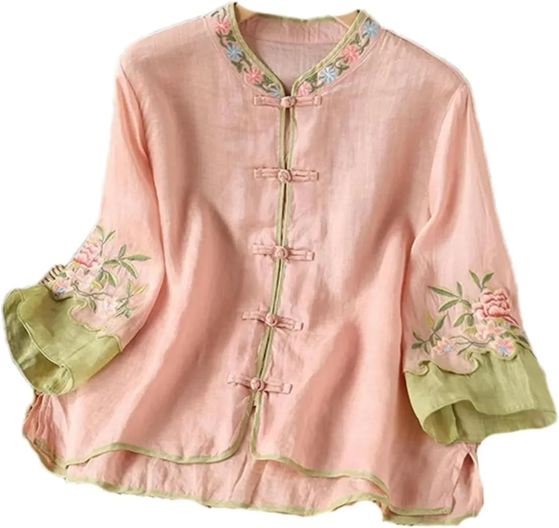 Chinese Women's Summer Retro Stitching Embroidery Lapel Buttoned Three-Quarter Sleeve Shirt