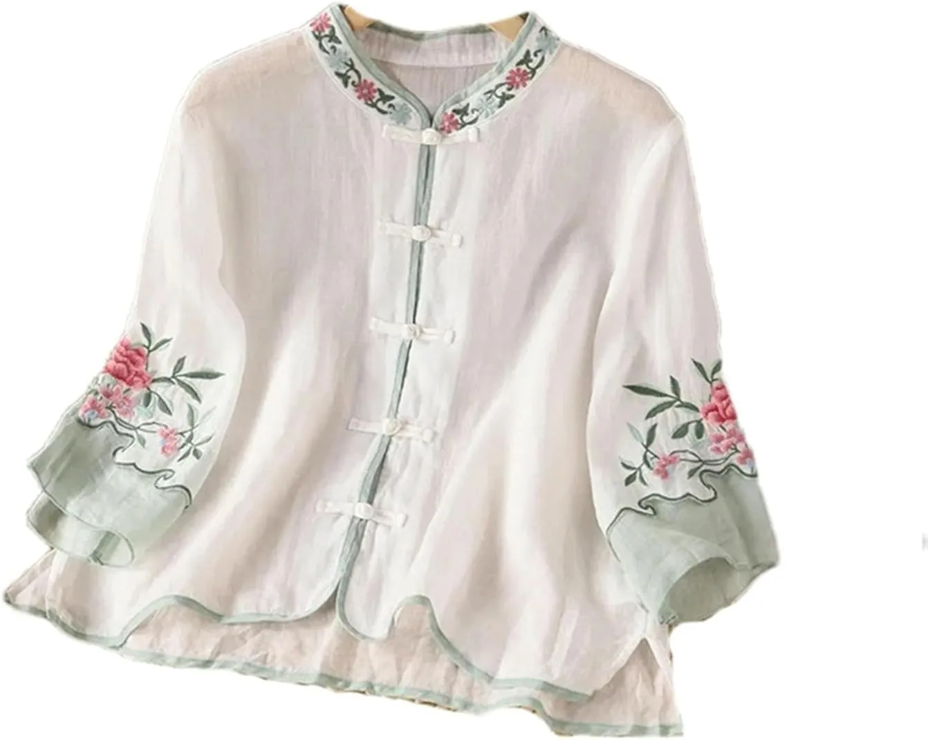 Chinese Women's Summer Retro Stitching Embroidery Lapel Buttoned Three-Quarter Sleeve Shirt