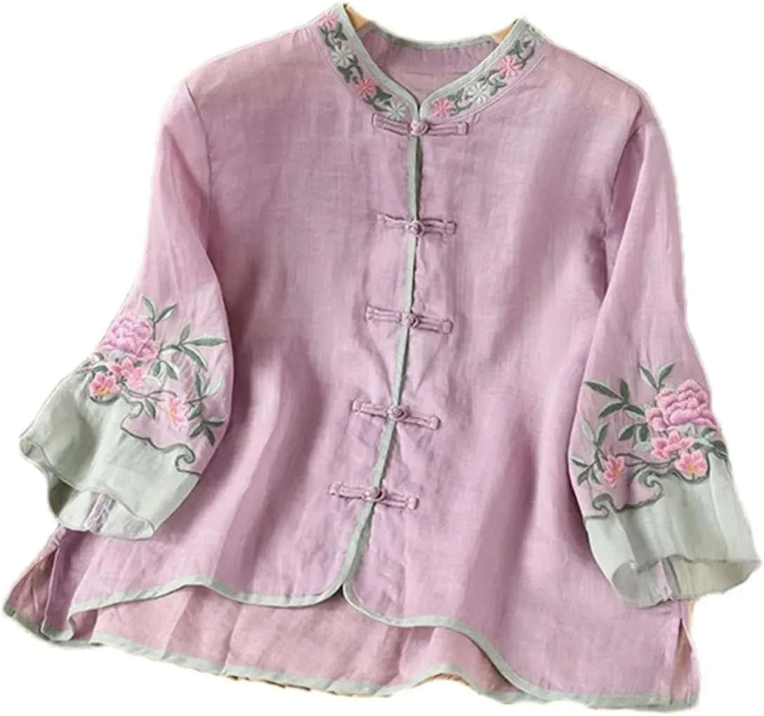 Chinese Women's Summer Retro Stitching Embroidery Lapel Buttoned Three-Quarter Sleeve Shirt