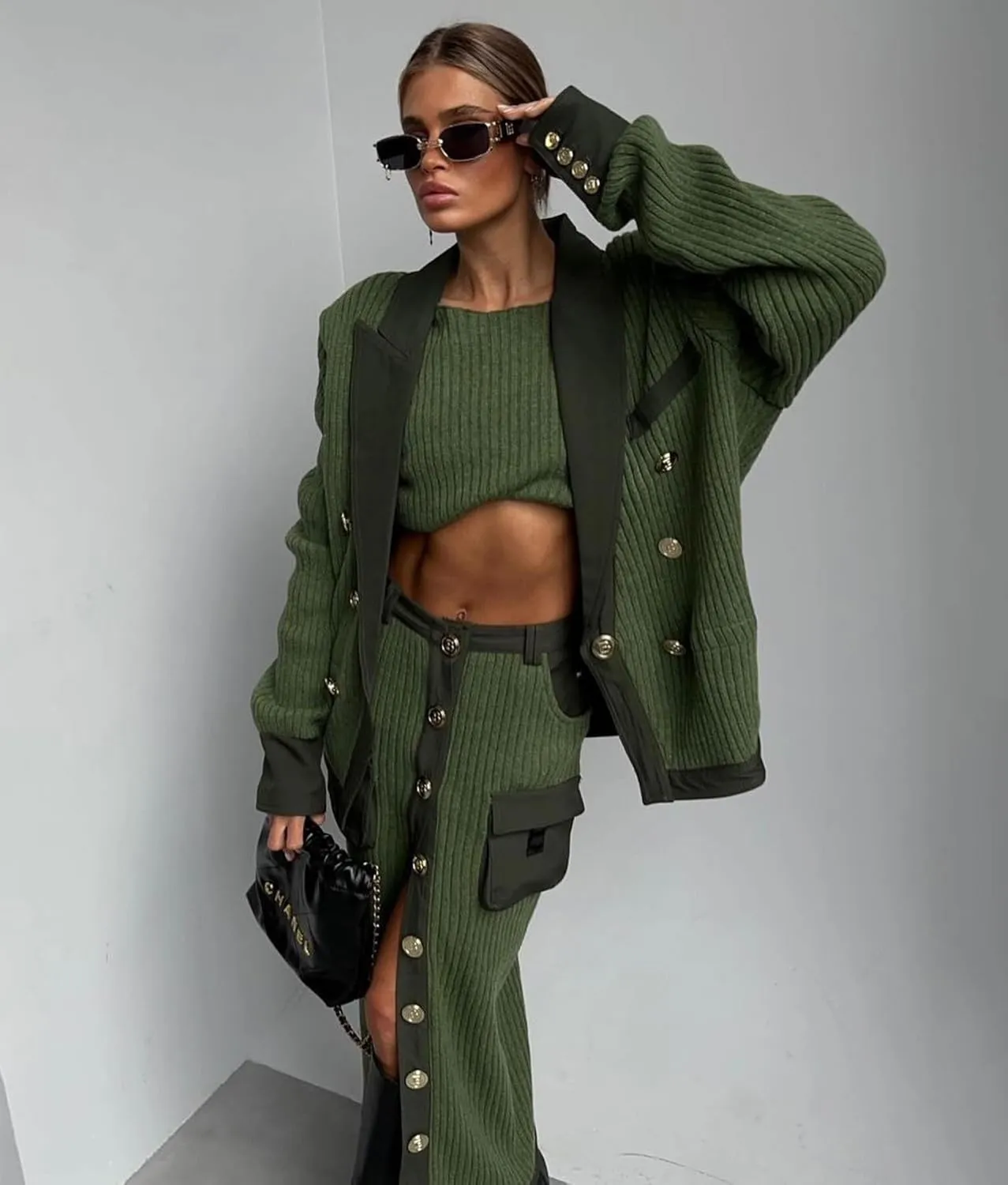 chouyatou Women's Casual Lapel Ribbed Knit Blazer Jacket Vintage Double Breasted Boyfriend Oversized Trench Coat