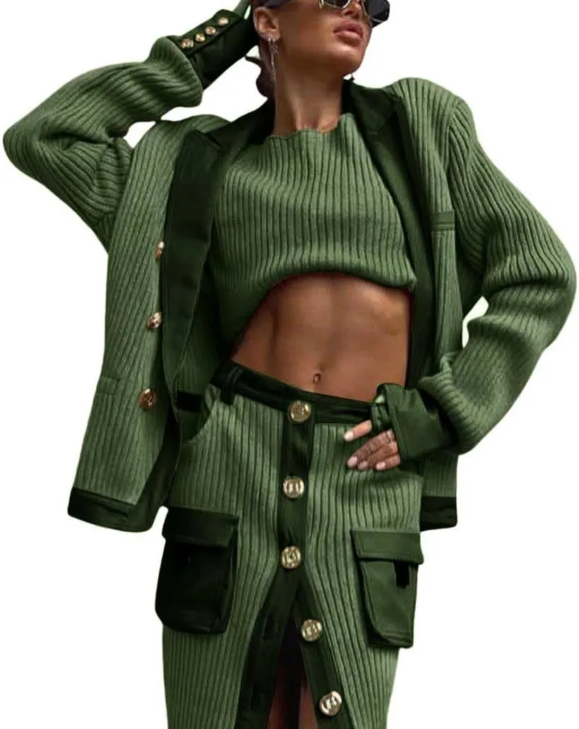 chouyatou Women's Casual Lapel Ribbed Knit Blazer Jacket Vintage Double Breasted Boyfriend Oversized Trench Coat