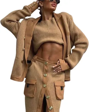 chouyatou Women's Casual Lapel Ribbed Knit Blazer Jacket Vintage Double Breasted Boyfriend Oversized Trench Coat