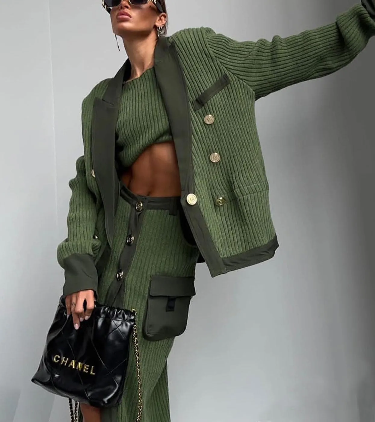 chouyatou Women's Casual Lapel Ribbed Knit Blazer Jacket Vintage Double Breasted Boyfriend Oversized Trench Coat
