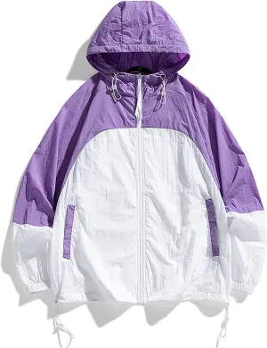 CORIRESHA Unisex Hooded Windbreaker Lightweight Breathable Sunscreen Skin Coat Summer Outdoor Color Block Jacket
