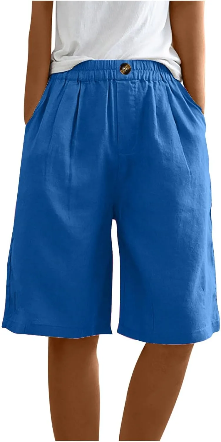 Cotton Linen Shorts for Women Loose Fit Knee Length Bermuda Shorts Casual Wide Leg Elastic Waist Workout Shorts