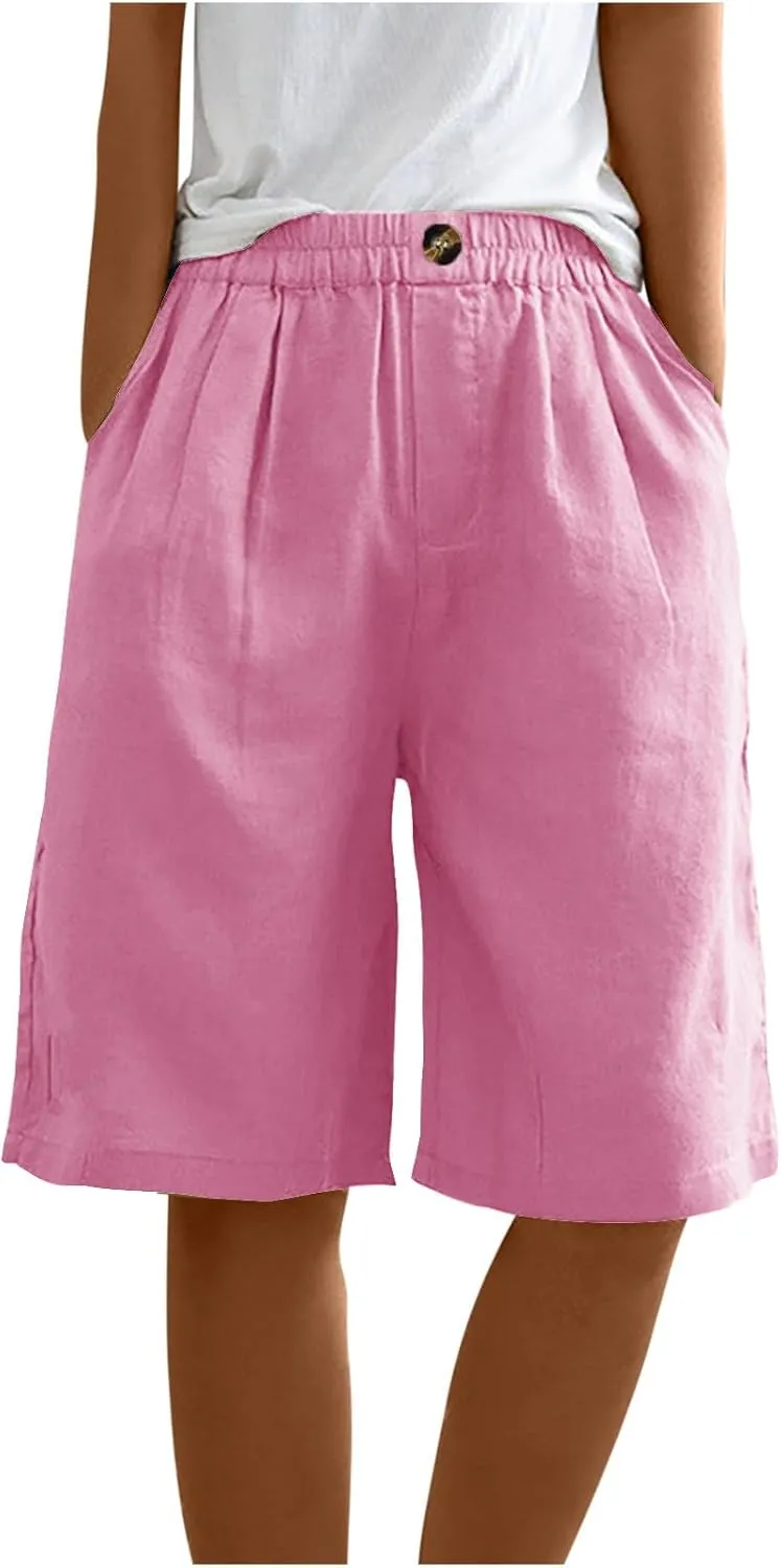 Cotton Linen Shorts for Women Loose Fit Knee Length Bermuda Shorts Casual Wide Leg Elastic Waist Workout Shorts