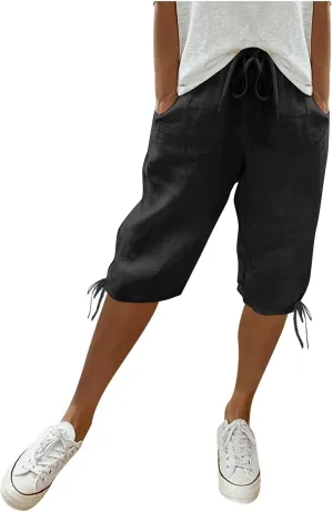 Cotton Linen Shorts for Women Loose Fit Knee Length Bermuda Shorts Casual Wide Leg Elastic Waist Workout Shorts