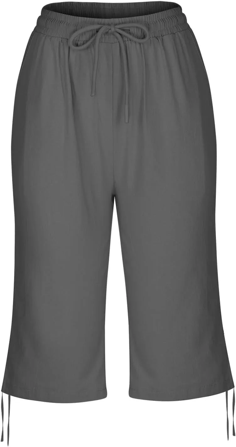 Cotton Linen Shorts for Women Loose Fit Knee Length Bermuda Shorts Casual Wide Leg Elastic Waist Workout Shorts