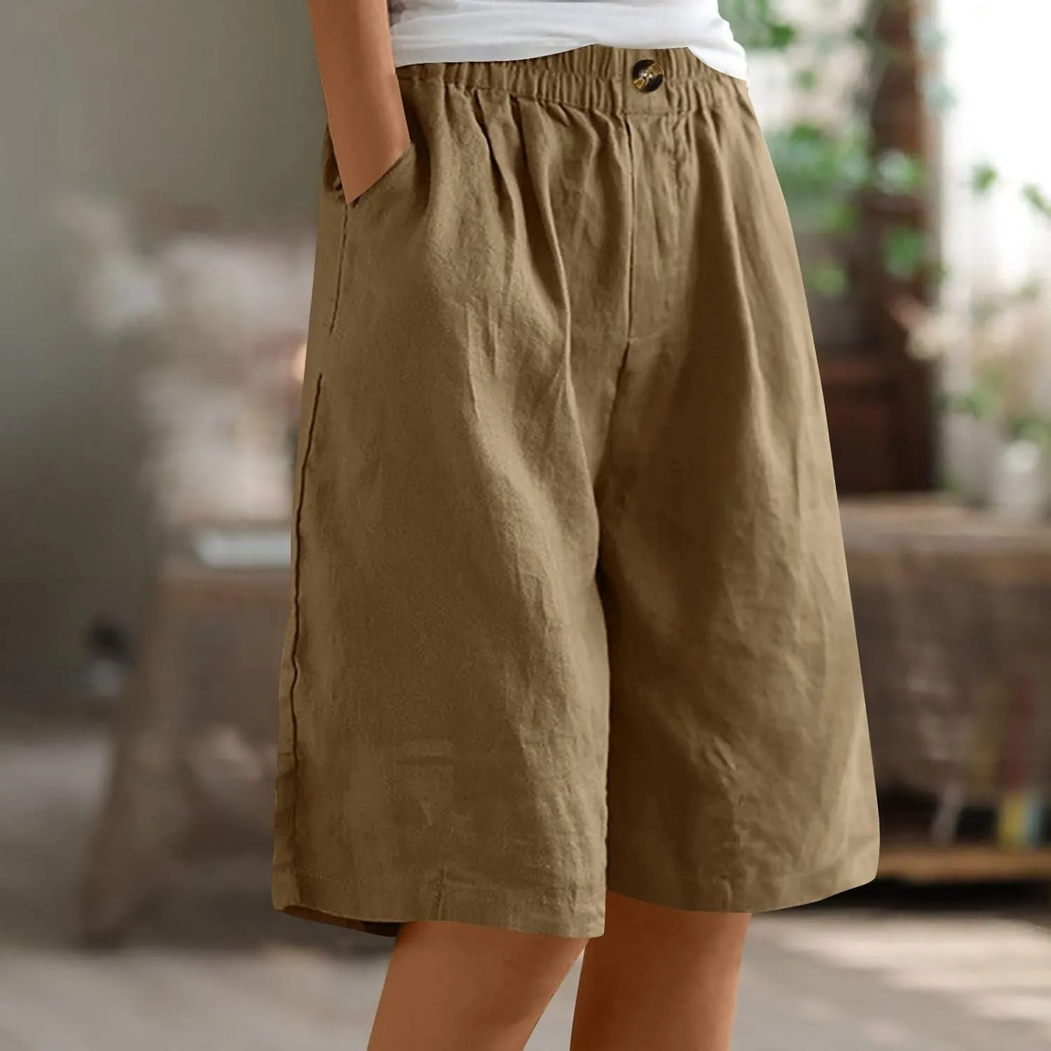 Cotton Linen Shorts for Women Loose Fit Knee Length Bermuda Shorts Casual Wide Leg Elastic Waist Workout Shorts