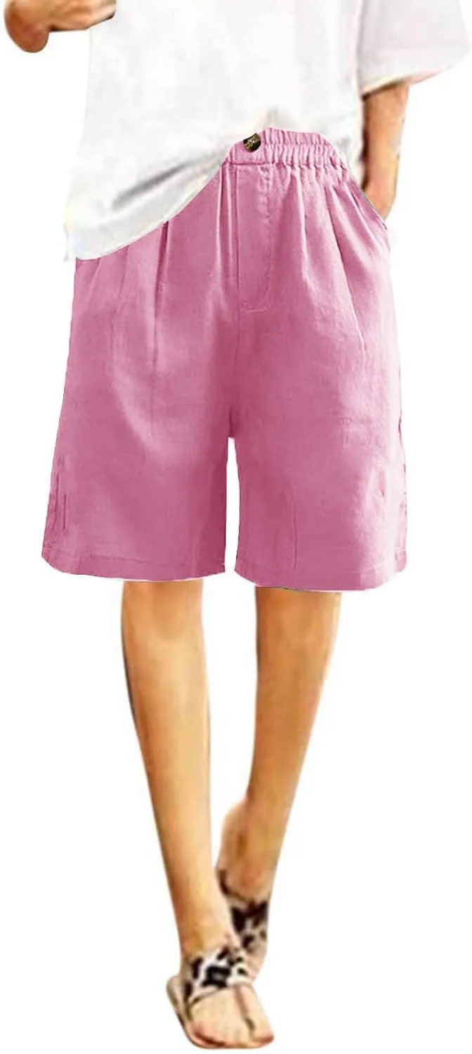 Cotton Linen Shorts for Women Loose Fit Knee Length Bermuda Shorts Casual Wide Leg Elastic Waist Workout Shorts