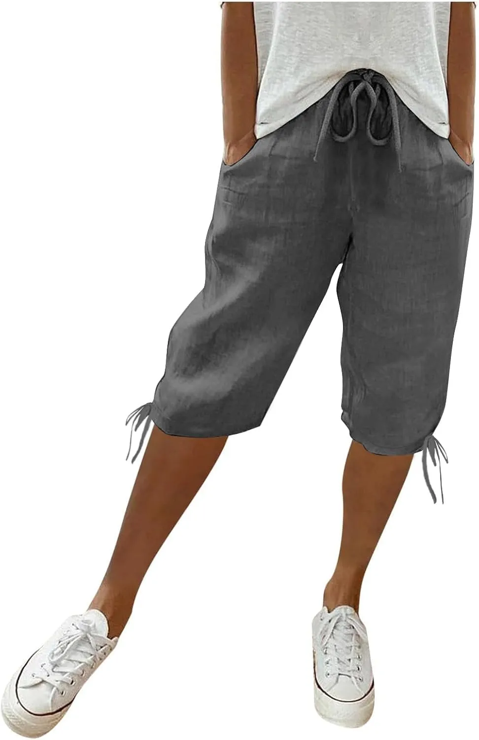 Cotton Linen Shorts for Women Loose Fit Knee Length Bermuda Shorts Casual Wide Leg Elastic Waist Workout Shorts