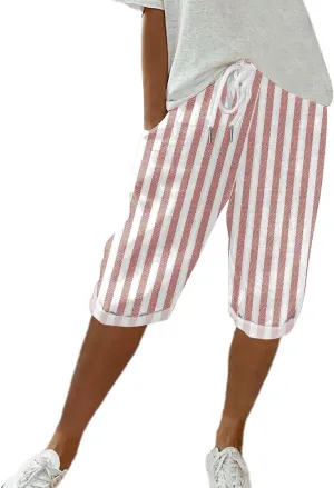 Cotton Linen Shorts for Women Loose Fit Knee Length Bermuda Shorts Casual Wide Leg Elastic Waist Workout Shorts