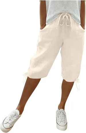 Cotton Linen Shorts for Women Loose Fit Knee Length Bermuda Shorts Casual Wide Leg Elastic Waist Workout Shorts