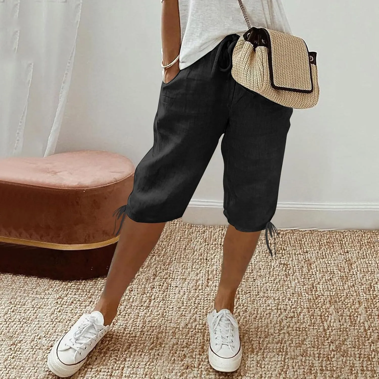 Cotton Linen Shorts for Women Loose Fit Knee Length Bermuda Shorts Casual Wide Leg Elastic Waist Workout Shorts