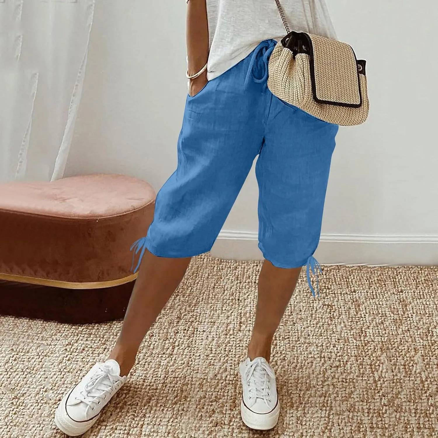 Cotton Linen Shorts for Women Loose Fit Knee Length Bermuda Shorts Casual Wide Leg Elastic Waist Workout Shorts