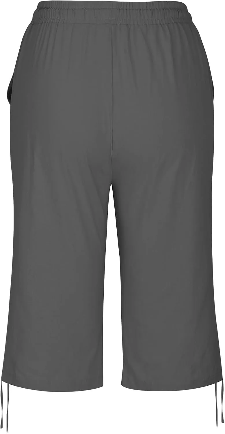 Cotton Linen Shorts for Women Loose Fit Knee Length Bermuda Shorts Casual Wide Leg Elastic Waist Workout Shorts