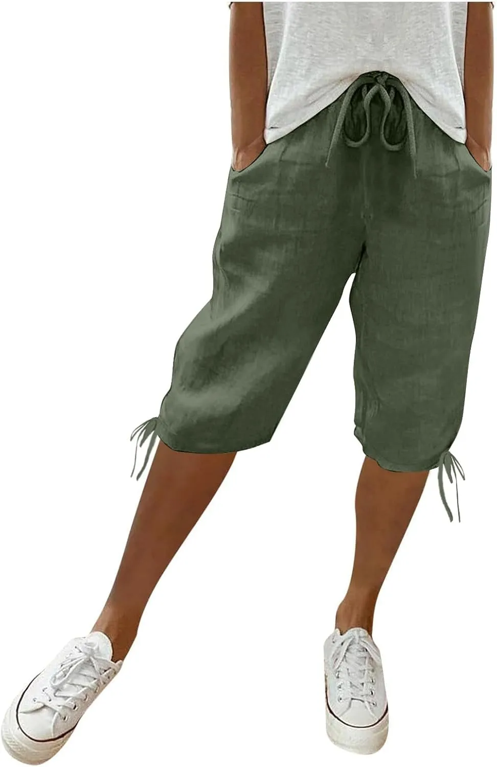Cotton Linen Shorts for Women Loose Fit Knee Length Bermuda Shorts Casual Wide Leg Elastic Waist Workout Shorts