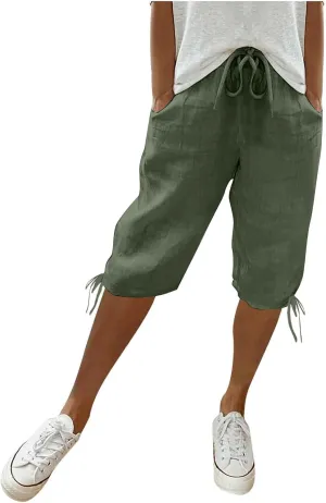Cotton Linen Shorts for Women Loose Fit Knee Length Bermuda Shorts Casual Wide Leg Elastic Waist Workout Shorts
