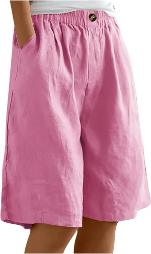 Cotton Linen Shorts for Women Loose Fit Knee Length Bermuda Shorts Casual Wide Leg Elastic Waist Workout Shorts