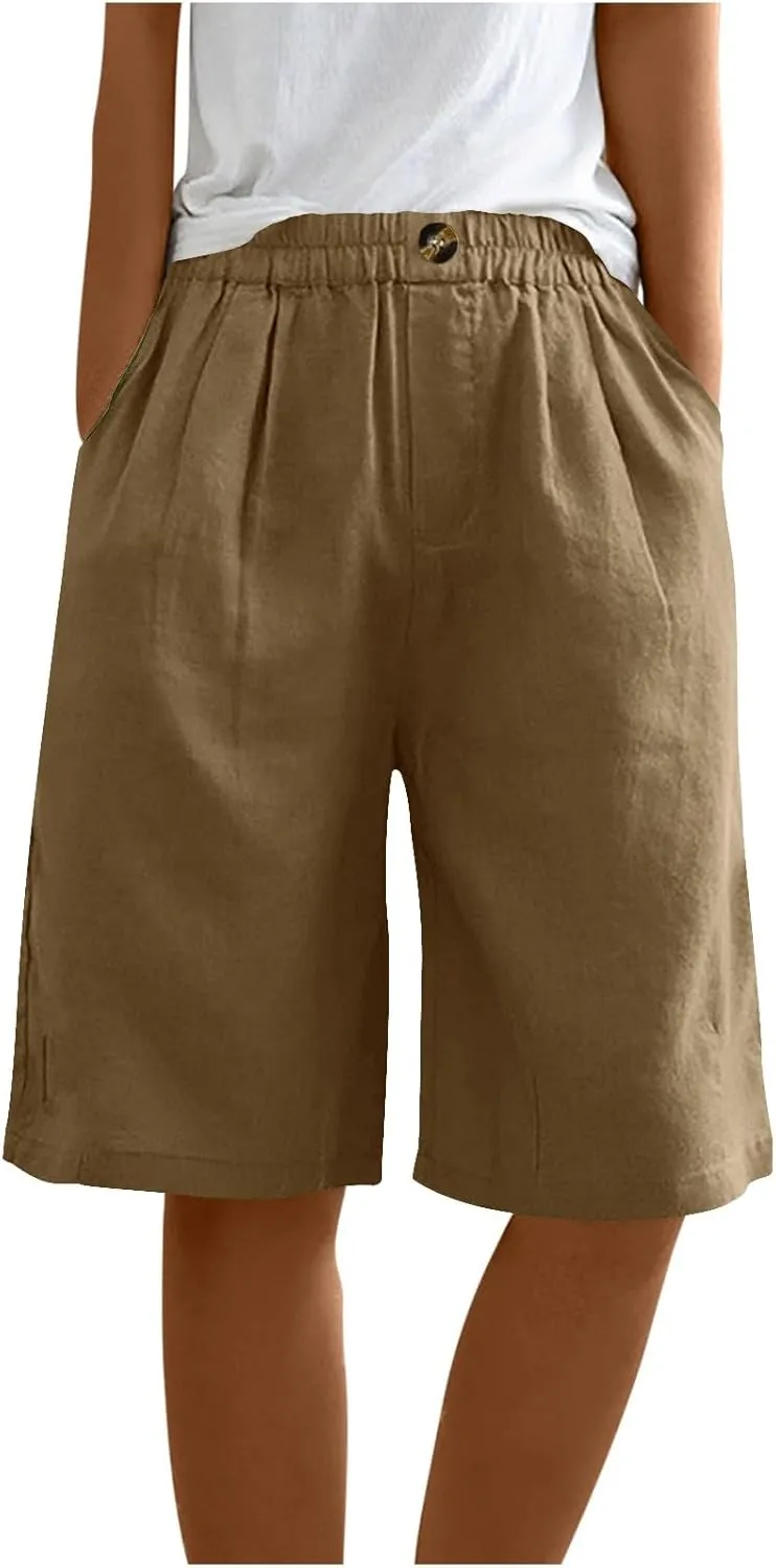 Cotton Linen Shorts for Women Loose Fit Knee Length Bermuda Shorts Casual Wide Leg Elastic Waist Workout Shorts