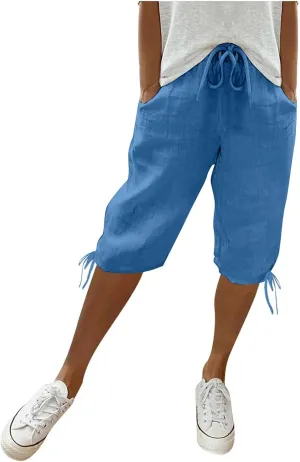 Cotton Linen Shorts for Women Loose Fit Knee Length Bermuda Shorts Casual Wide Leg Elastic Waist Workout Shorts