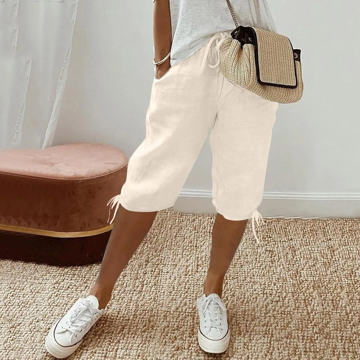 Cotton Linen Shorts for Women Loose Fit Knee Length Bermuda Shorts Casual Wide Leg Elastic Waist Workout Shorts